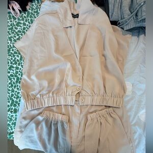 Beige Button-Up Top and Shorts Set